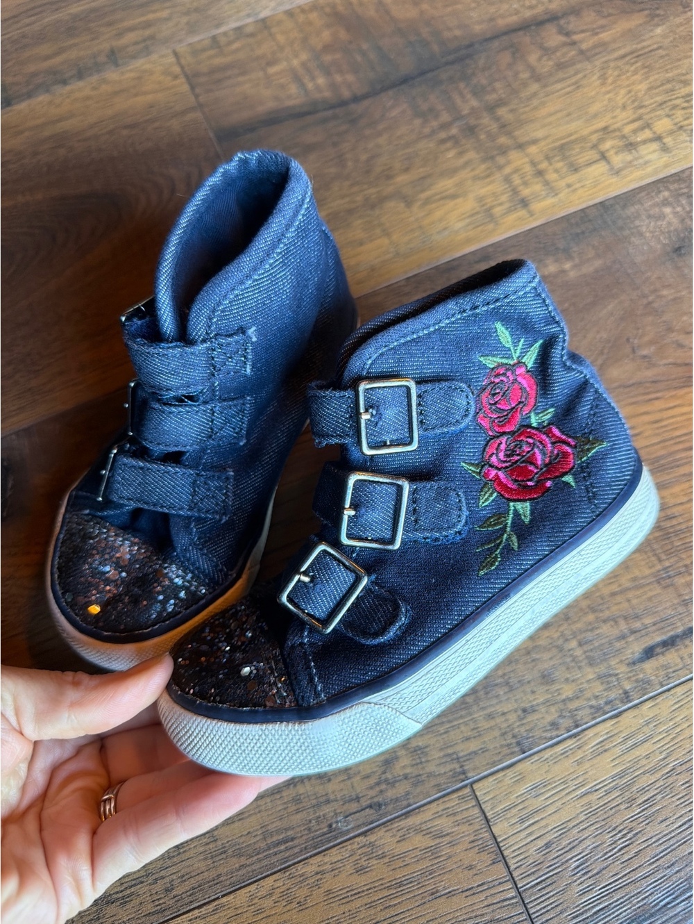 Toddler Black Denim High-Top Sneakers with Rose Embroidery and Glitter Toe Caps